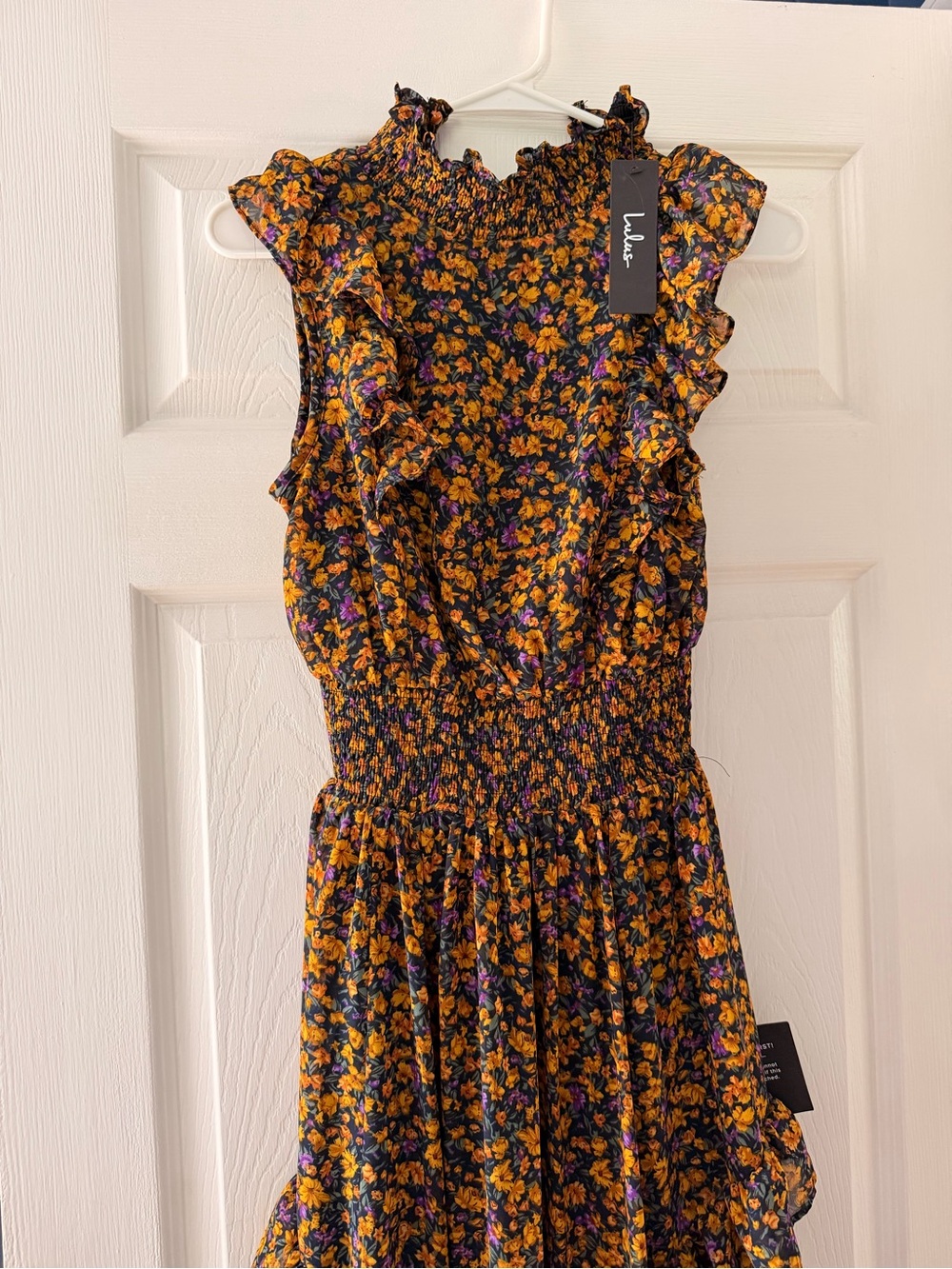 Floral Smocked Midi Dress - Black with Yellow & Purple Flowers